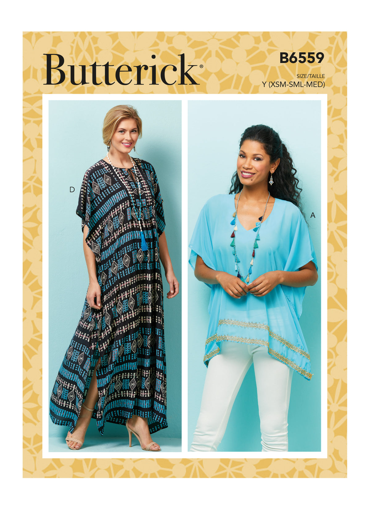 Butterick B6559 sewing pattern envelope showing misses tops, tunic and caftan designs