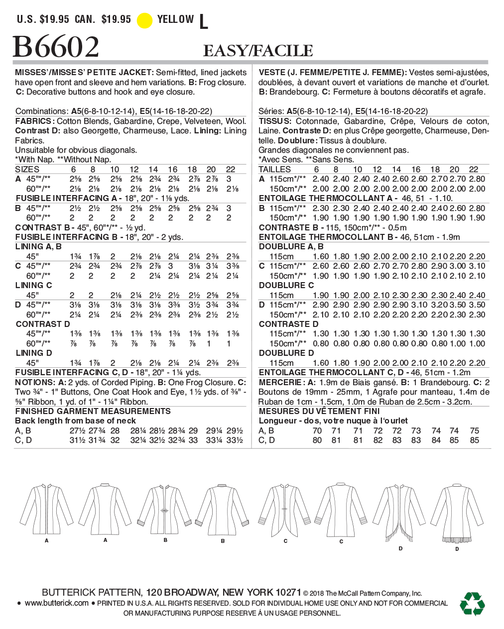Butterick B6602 sewing pattern envelope showing misses lined jacket designs
