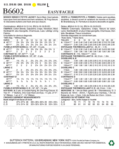 Butterick B6602 sewing pattern envelope showing misses lined jacket designs