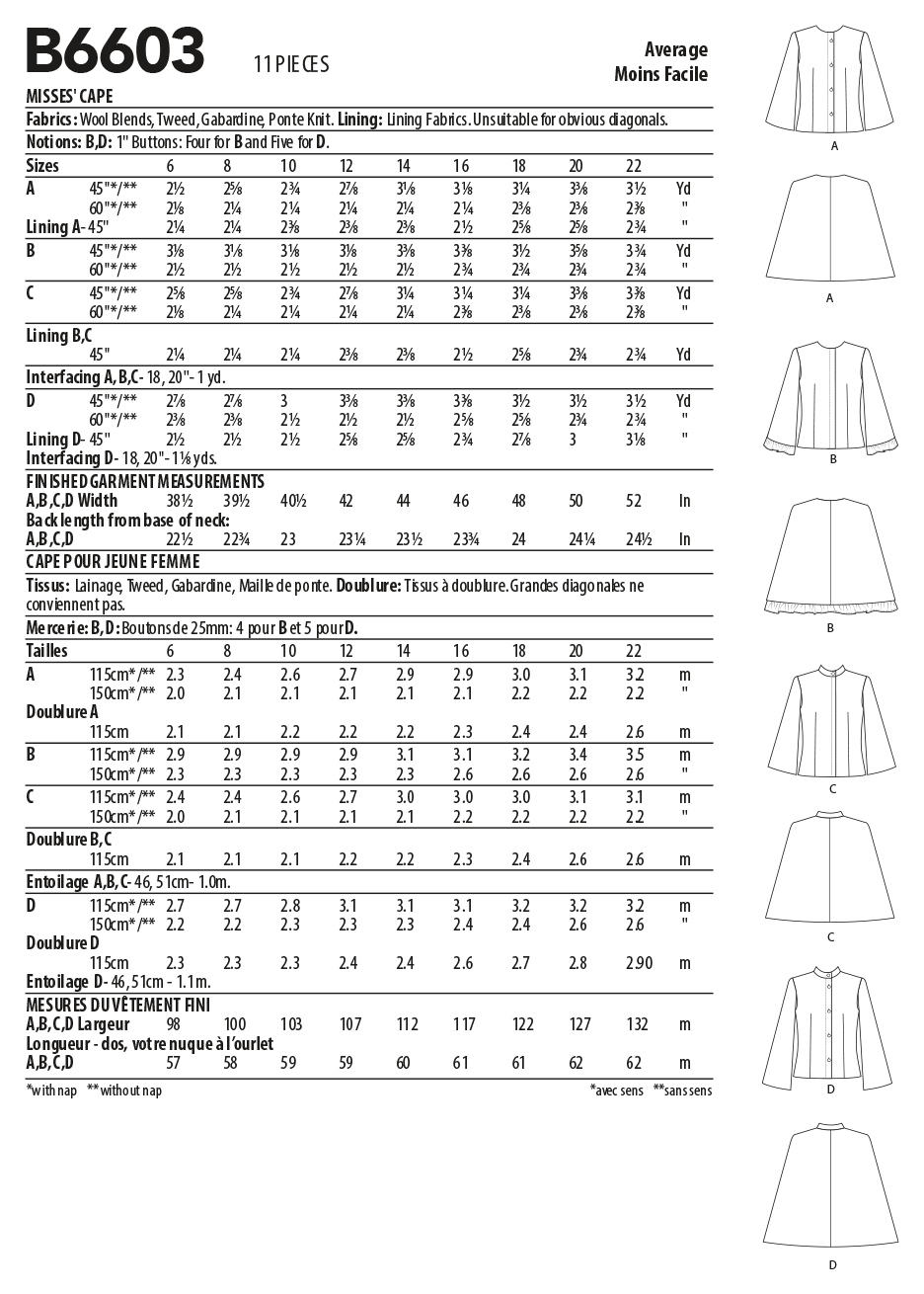 Butterick B6603 sewing pattern envelope showing misses lined cape designs