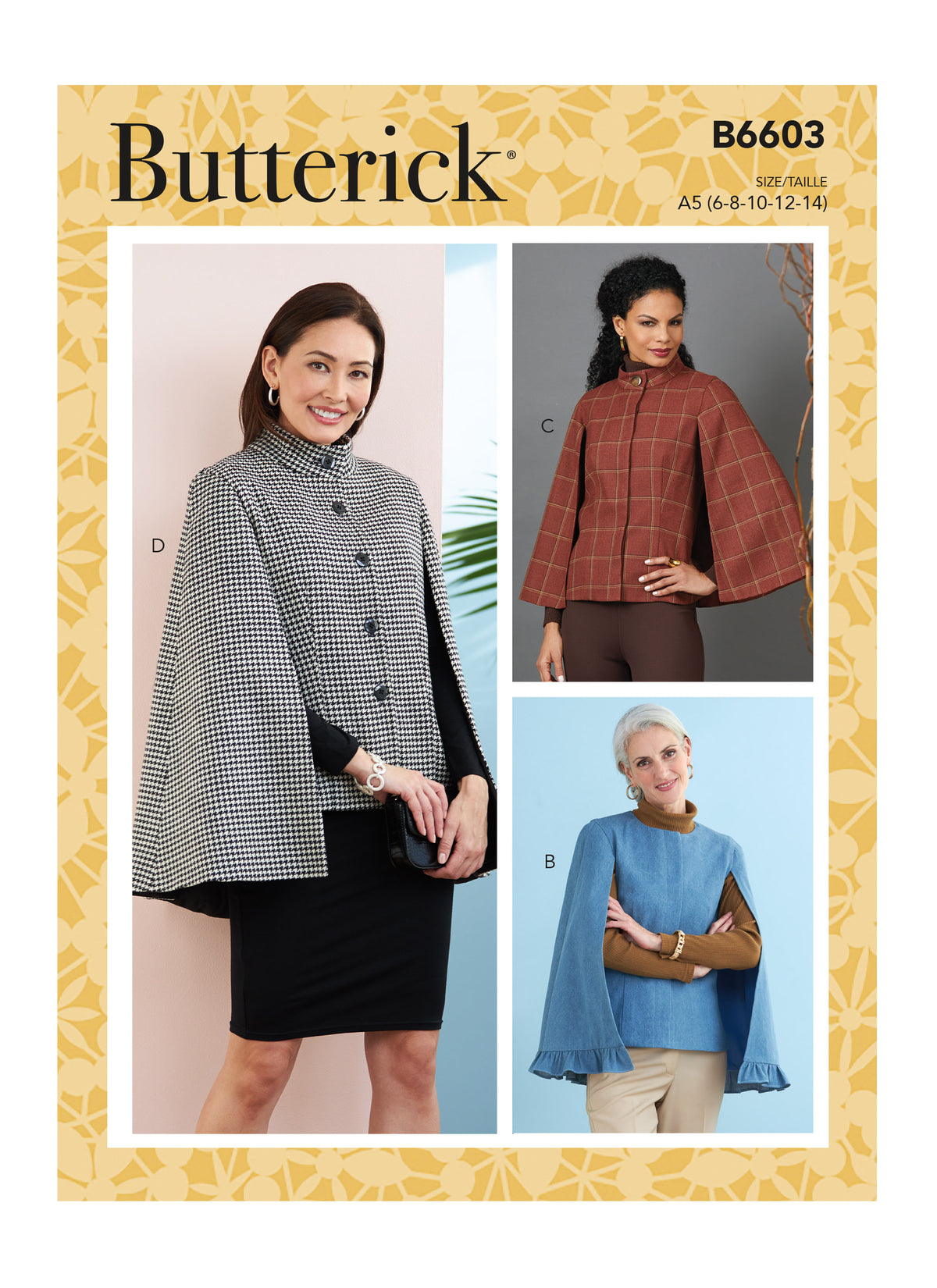 Butterick B6603 sewing pattern envelope showing misses lined cape designs