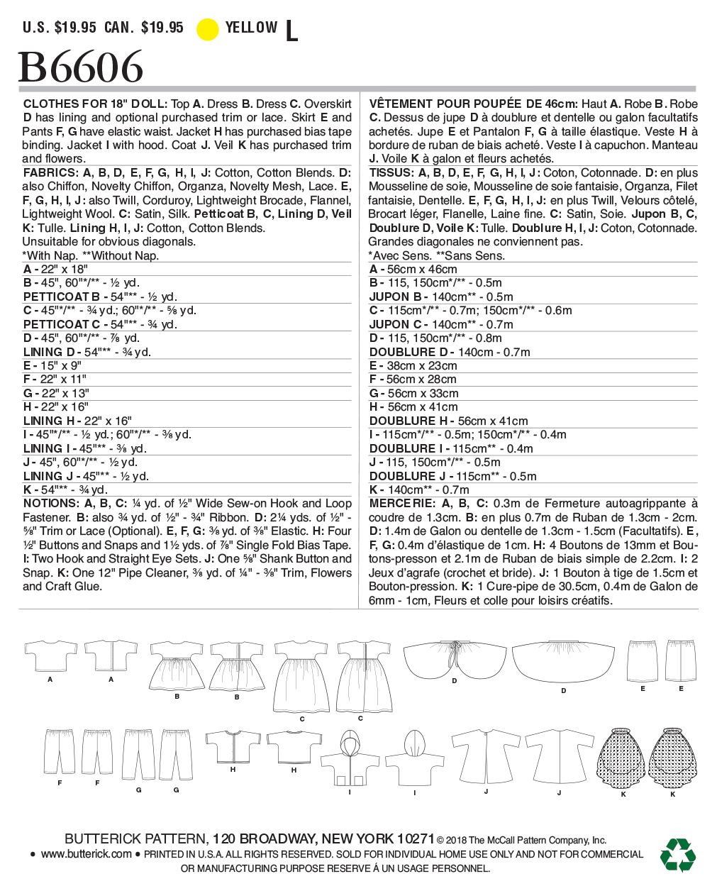 Butterick B6606 sewing pattern envelope showing doll clothes designs