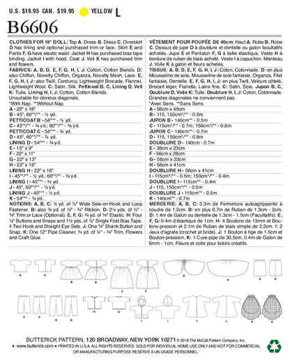 Butterick B6606 sewing pattern envelope showing doll clothes designs
