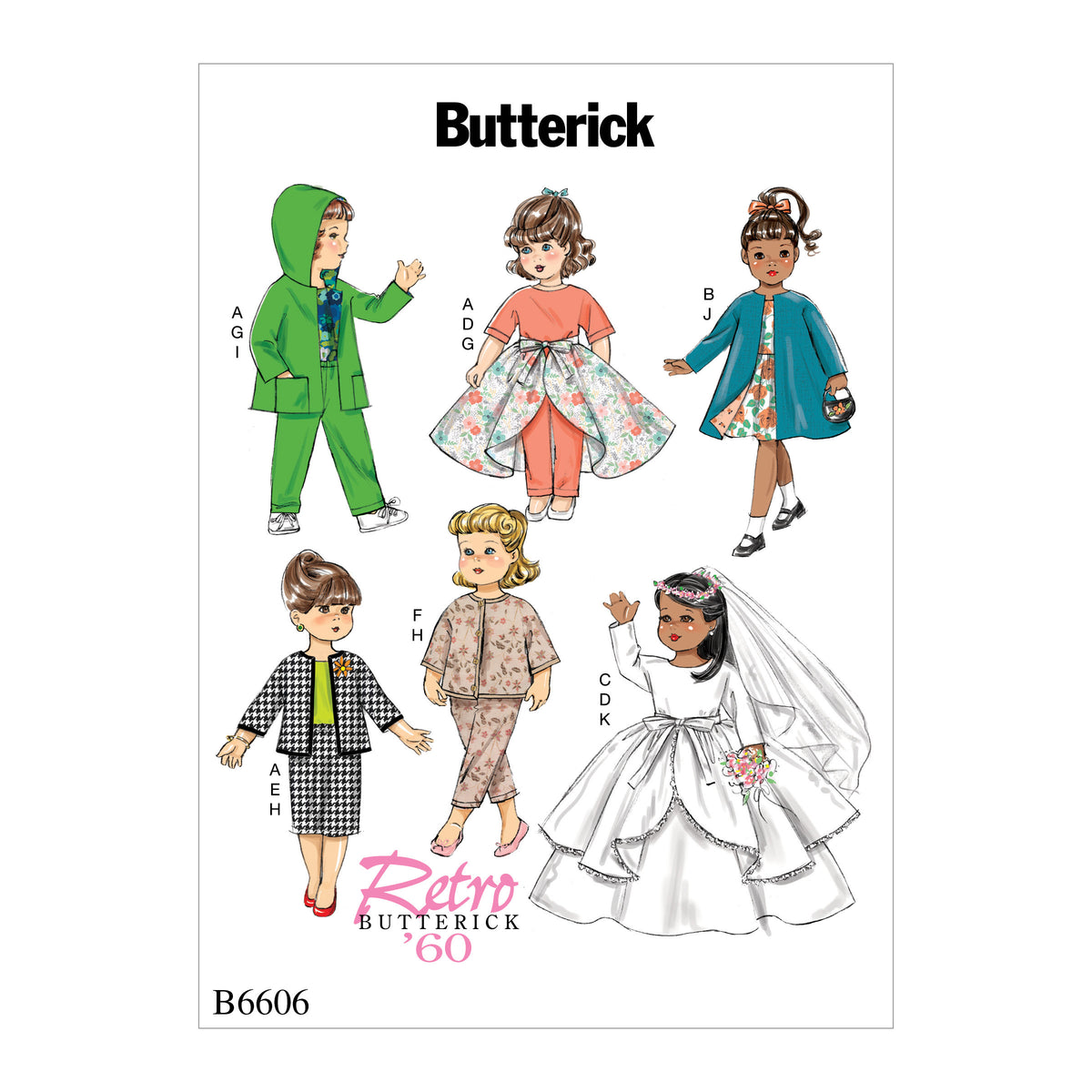 Butterick B6606 sewing pattern envelope showing doll clothes designs