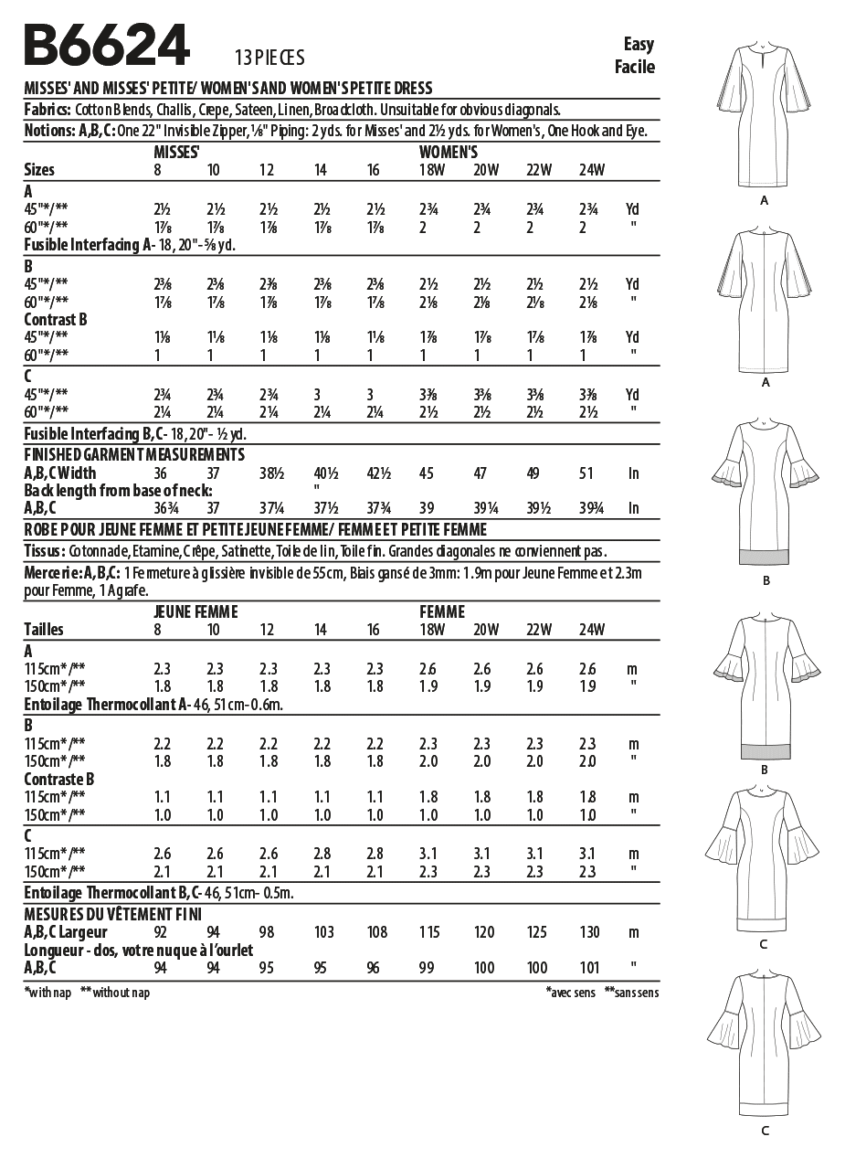 Butterick B6624 sewing pattern envelope showing misses sheath dress designs