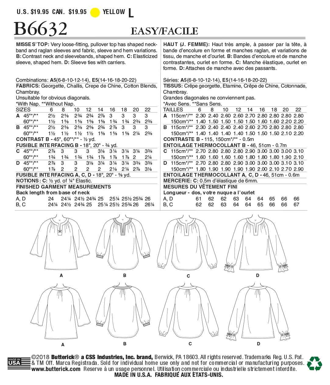Butterick B6632 sewing pattern envelope showing misses raglan top designs