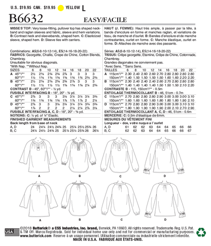 Butterick B6632 sewing pattern envelope showing misses raglan top designs