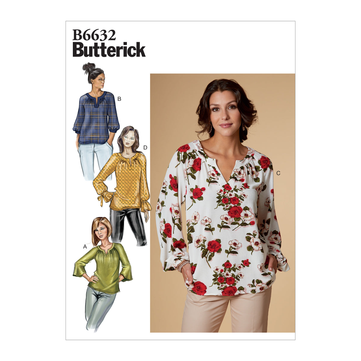 Butterick B6632 sewing pattern envelope showing misses raglan top designs