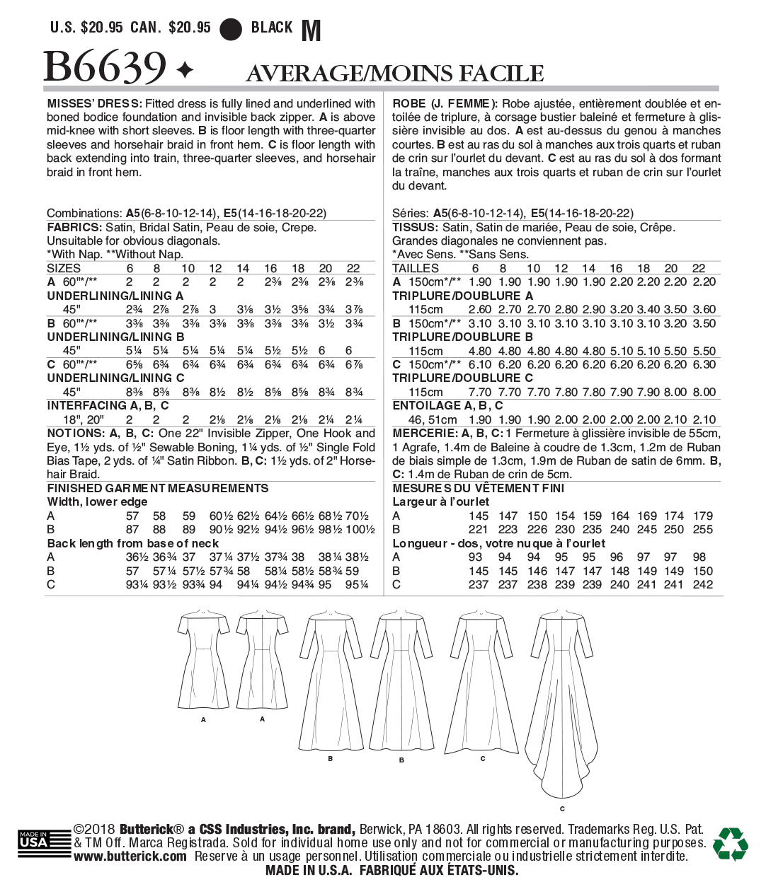 Butterick B6639 sewing pattern envelope showing misses special occasion dress designs