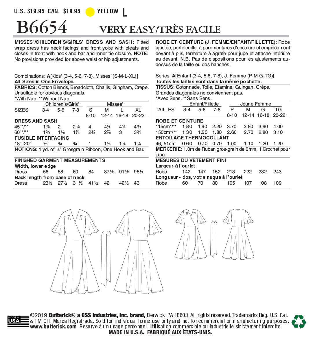 Butterick B6654 sewing pattern envelope showing misses wrap dress designs
