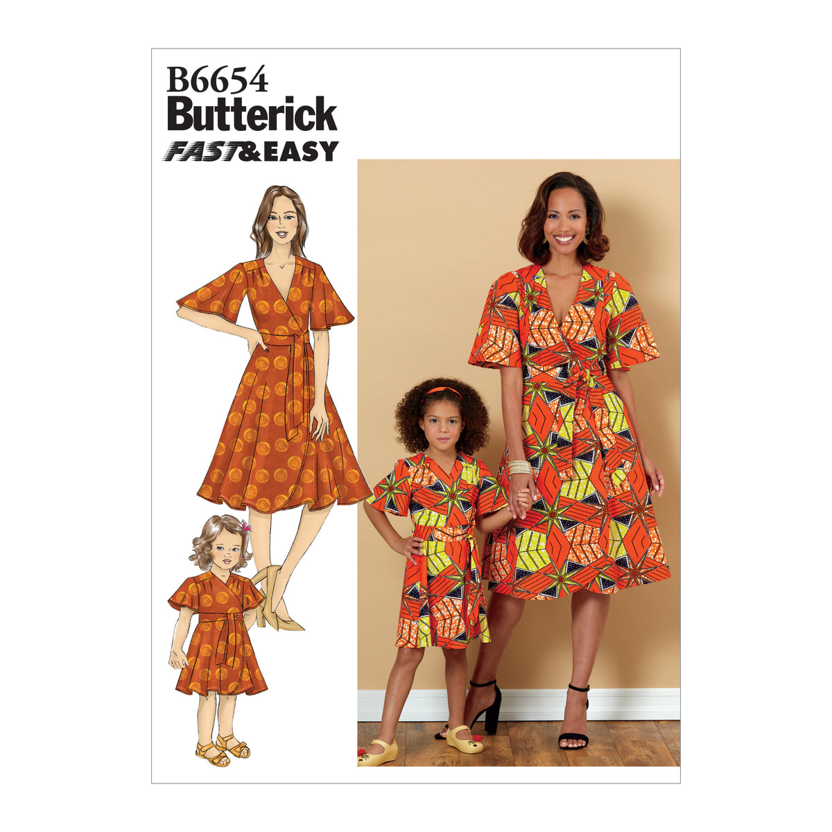 Butterick B6654 sewing pattern envelope showing misses wrap dress designs