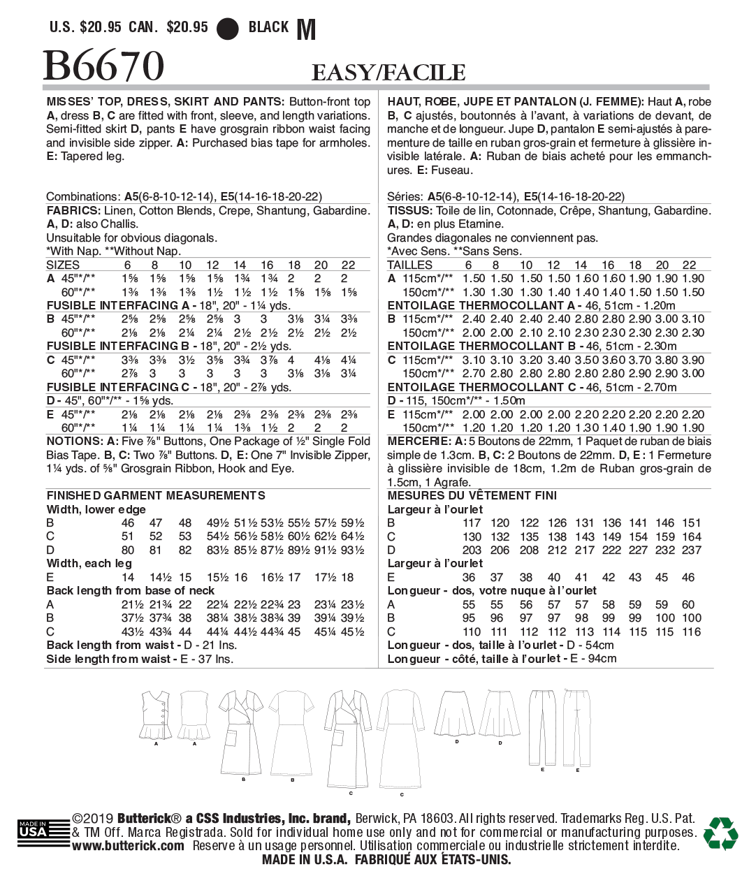 Butterick B6670 sewing pattern envelope showing misses button-front top and dress designs