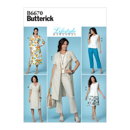 Butterick B6670 sewing pattern envelope showing a fitted button-front top and dress