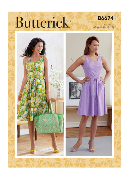 Butterick B6674 sewing pattern envelope showing a close-fitting dress with a sash