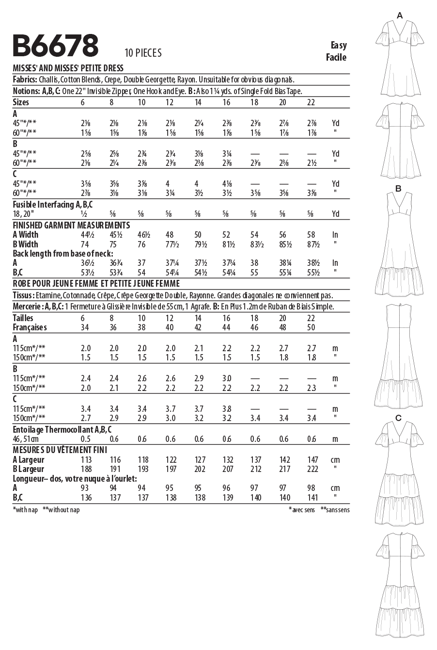 Butterick B6678 sewing pattern envelope showing an unlined dress, close fitting through the bust