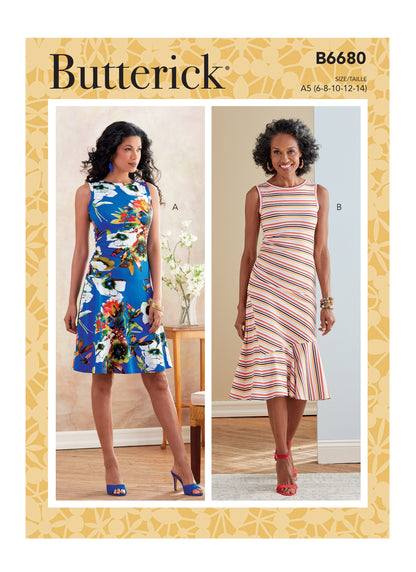 Butterick B6680 sewing pattern envelope showing a close-fitting dress with side gathers
