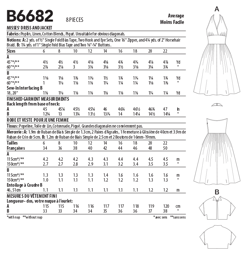 Butterick B6682 sewing pattern envelope showing an unlined dress with a close-fitting halter bodice