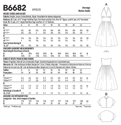 Butterick B6682 sewing pattern envelope showing an unlined dress with a close-fitting halter bodice