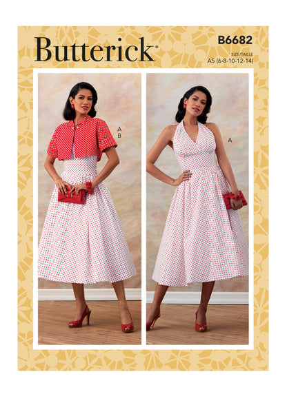 Butterick B6682 sewing pattern envelope showing an unlined dress with a close-fitting halter bodice