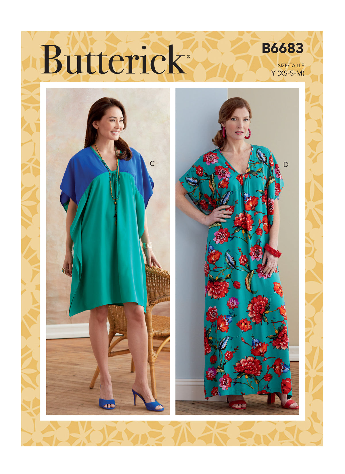 Butterick B6683 sewing pattern envelope showing a very loose-fitting tunic and kaftan