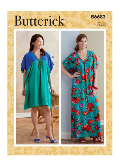 Butterick B6683 sewing pattern envelope showing a very loose-fitting tunic and kaftan