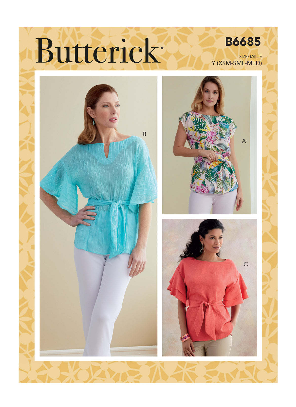 Butterick B6685 sewing pattern envelope showing a pullover top with drop shoulders
