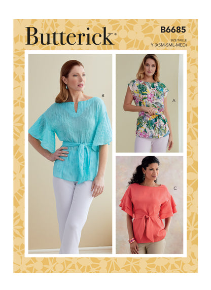 Butterick B6685 sewing pattern envelope showing a pullover top with drop shoulders