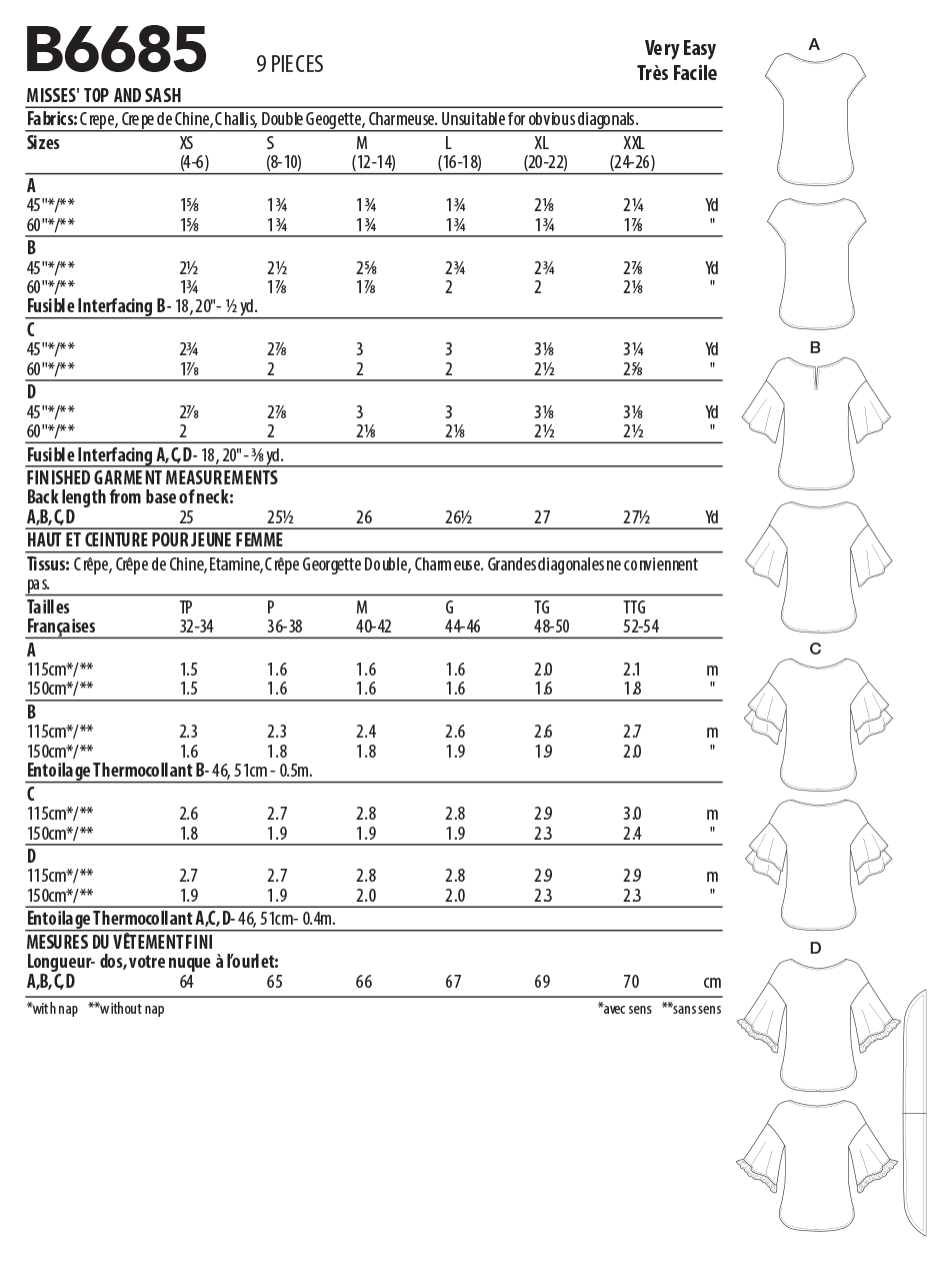 Butterick B6685 sewing pattern envelope showing a pullover top with drop shoulders