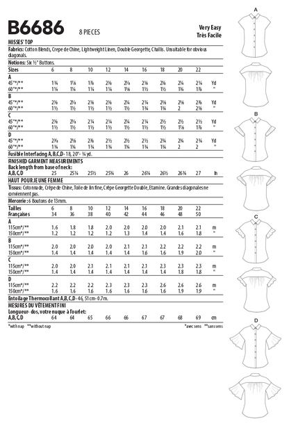 Butterick B6686 sewing pattern envelope showing semi-fitted button-front tops