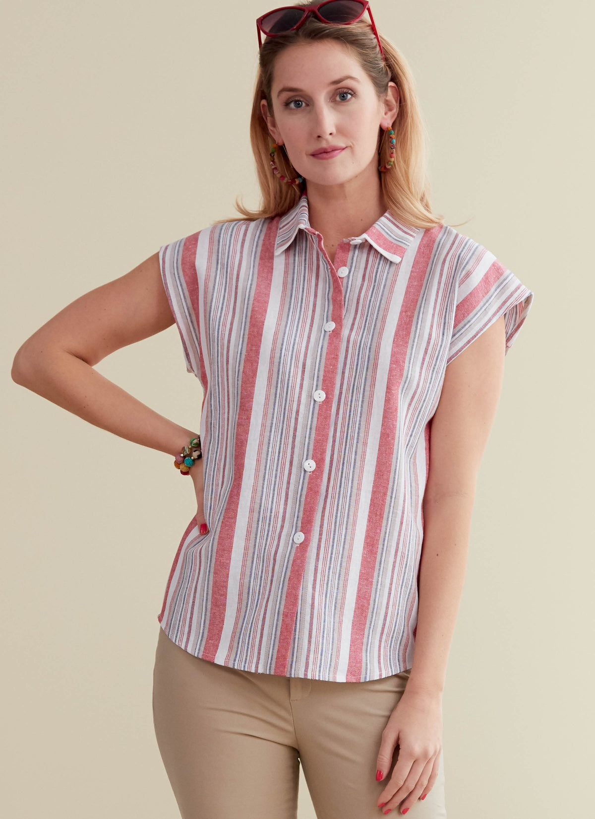 Butterick B6686 sewing pattern envelope showing semi-fitted button-front tops