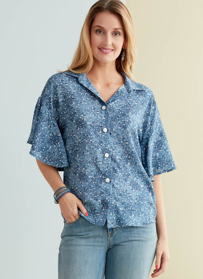 Butterick B6686 sewing pattern envelope showing semi-fitted button-front tops