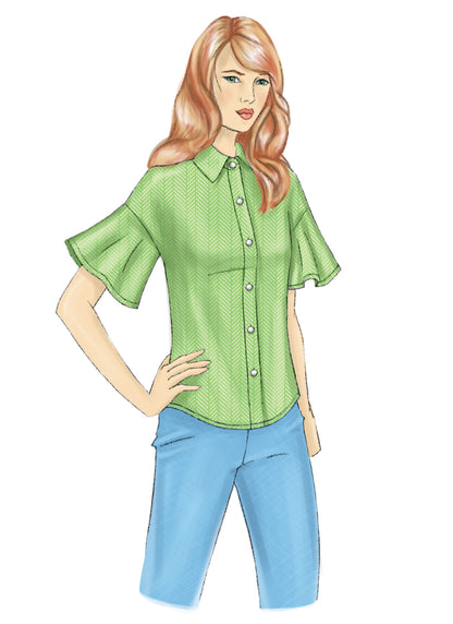 Butterick B6686 sewing pattern envelope showing semi-fitted button-front tops