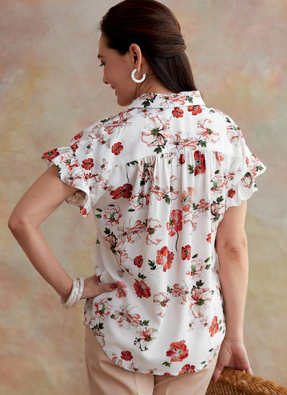 Butterick B6686 sewing pattern envelope showing semi-fitted button-front tops
