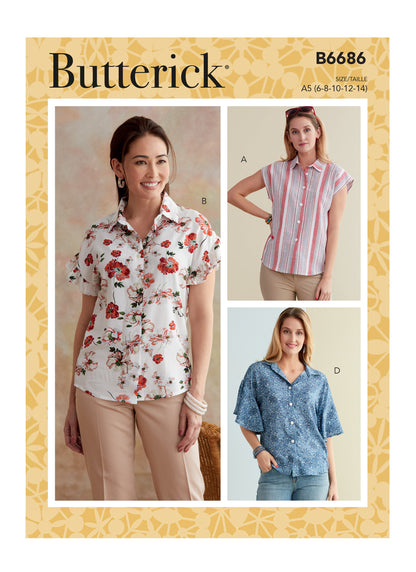Butterick B6686 sewing pattern envelope showing semi-fitted button-front tops