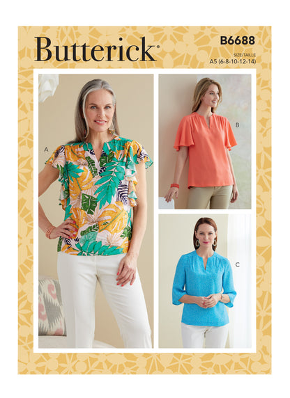 Butterick B6688 sewing pattern envelope showing a semi-fitted top with a self-faced yoke