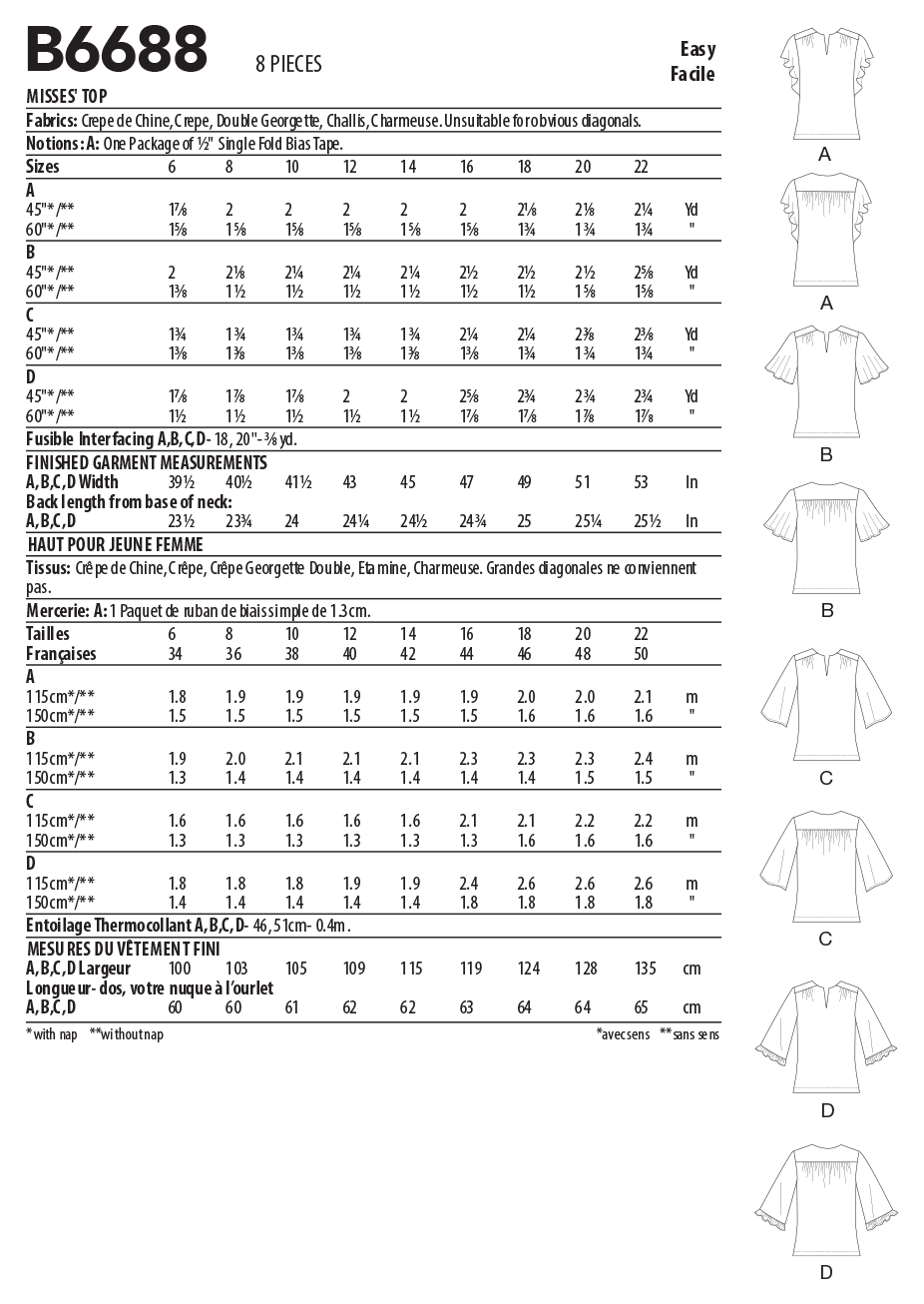 Butterick B6688 sewing pattern envelope showing a semi-fitted top with a self-faced yoke