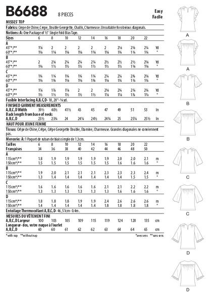 Butterick B6688 sewing pattern envelope showing a semi-fitted top with a self-faced yoke