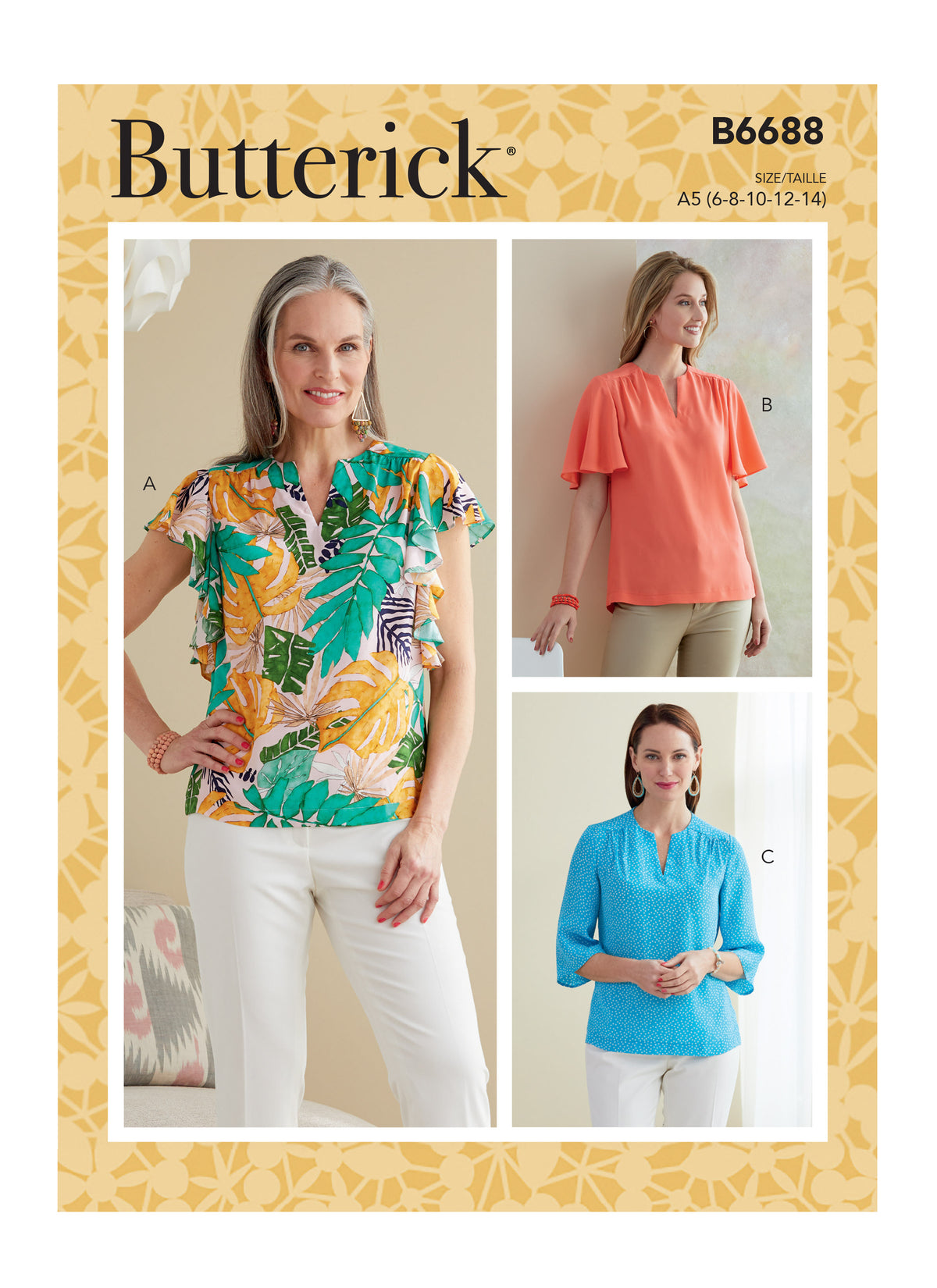 Butterick B6688 sewing pattern envelope showing a semi-fitted top with a self-faced yoke