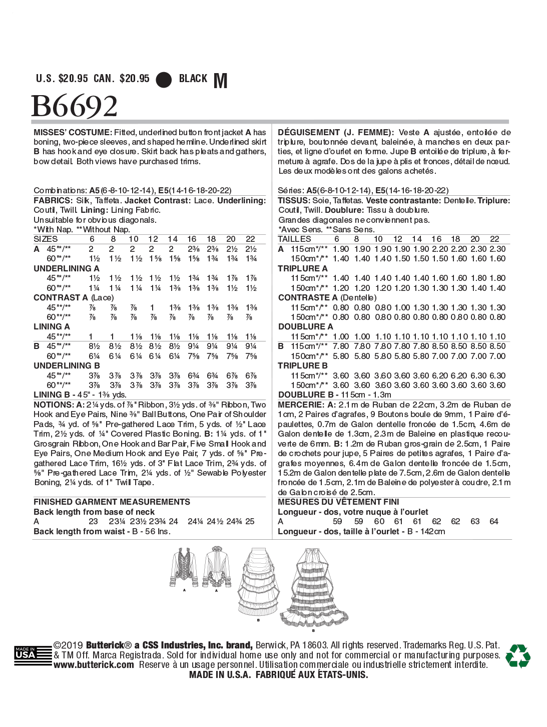 Butterick B6692 sewing pattern envelope showing a fitted button-front jacket and skirt costume