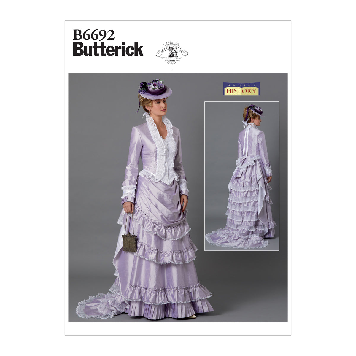Butterick B6692 sewing pattern envelope showing a fitted button-front jacket and skirt costume