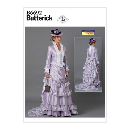 Butterick B6692 sewing pattern envelope showing a fitted button-front jacket and skirt costume