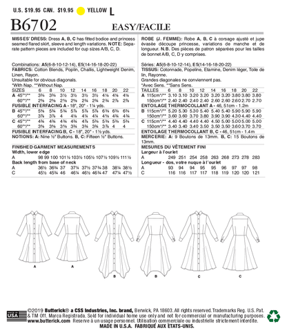 Butterick B6702 sewing pattern envelope showing a dress with a fitted bodice and flared skirt