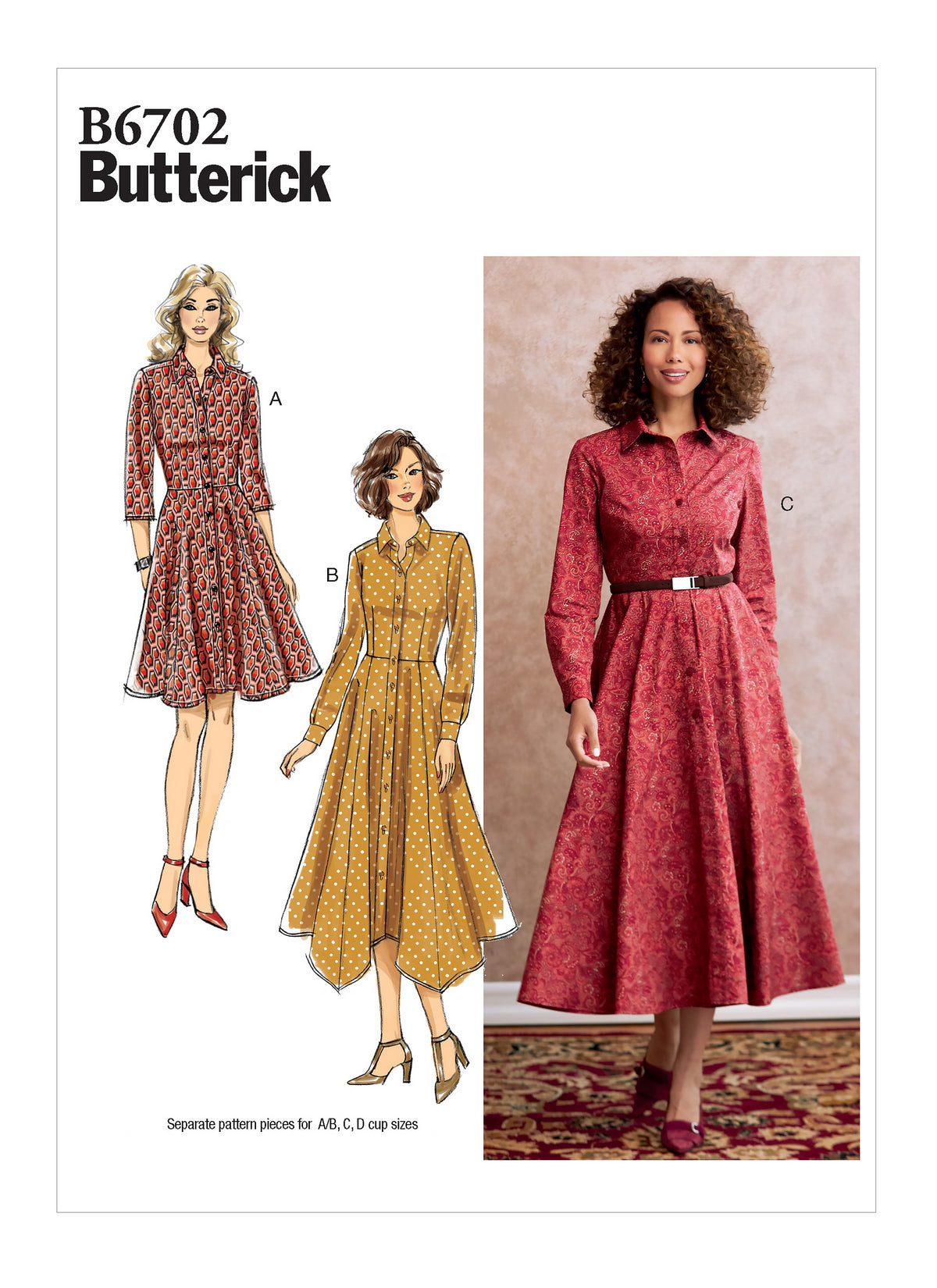 Butterick B6702 sewing pattern envelope showing a dress with a fitted bodice and flared skirt