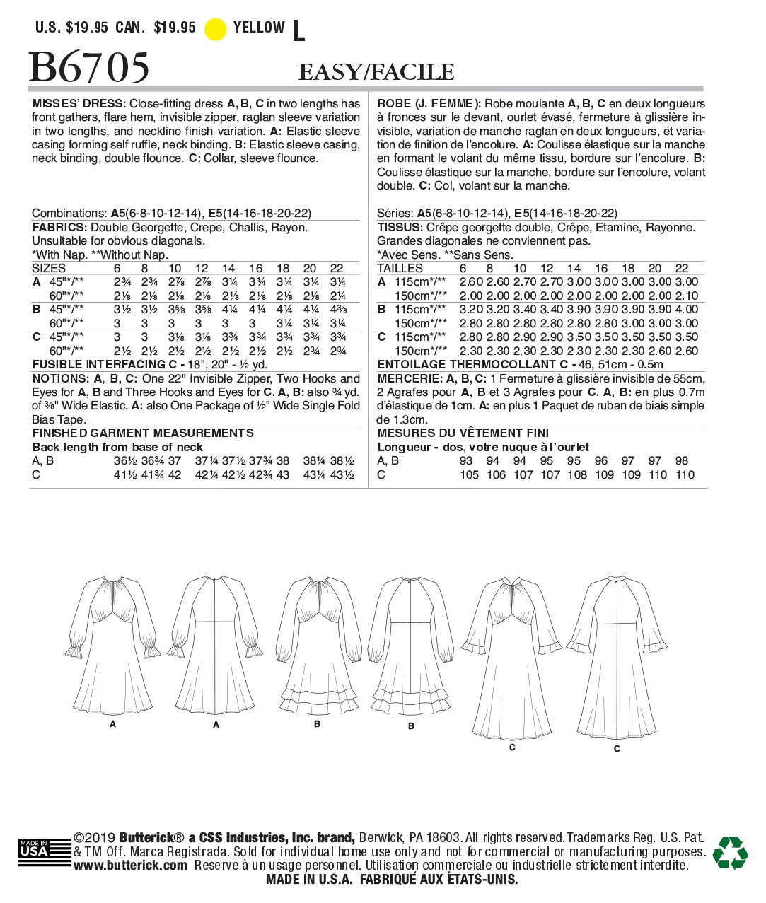 Butterick B6705 sewing pattern envelope showing a close-fitting dress in two lengths