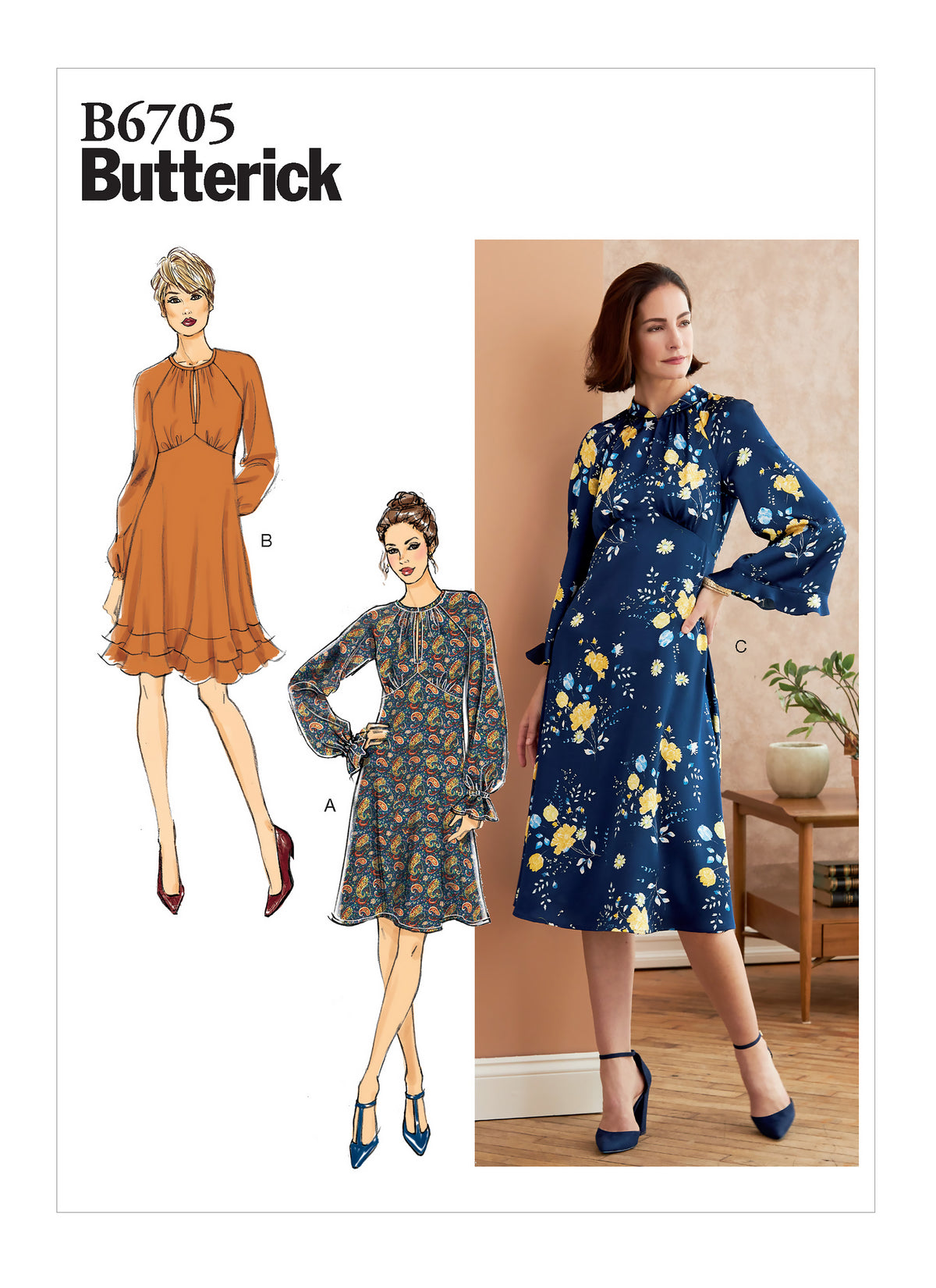 Butterick B6705 sewing pattern envelope showing a close-fitting dress in two lengths