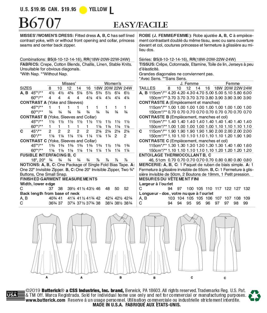 Butterick B6707 sewing pattern envelope showing a fitted dress with a contrast yoke