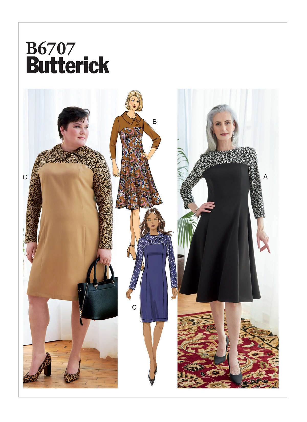 Butterick B6707 sewing pattern envelope showing a fitted dress with a contrast yoke