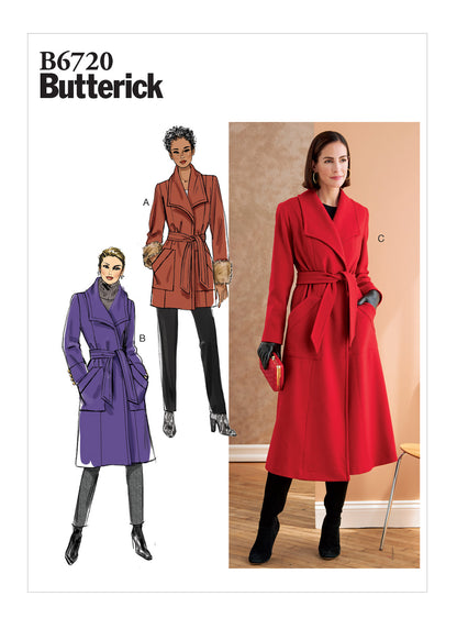 Butterick B6720 sewing pattern envelope showing a lined, loose-fitting jacket and coat