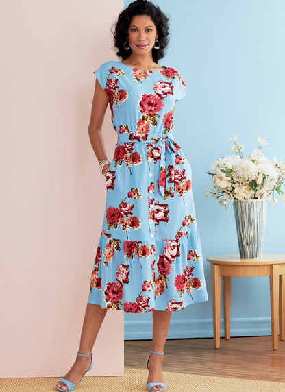 Butterick B6722 sewing pattern envelope showing a loose-fitting tiered dress with an elastic waist