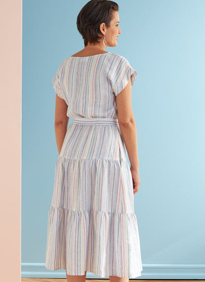 Butterick B6722 sewing pattern envelope showing a loose-fitting tiered dress with an elastic waist